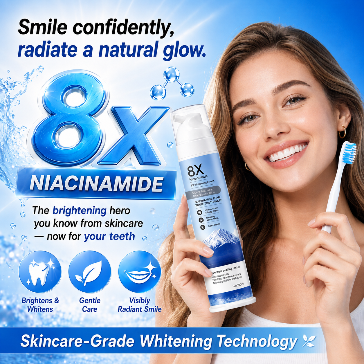 Woman holding 8X Niacinamide Foam Toothpaste