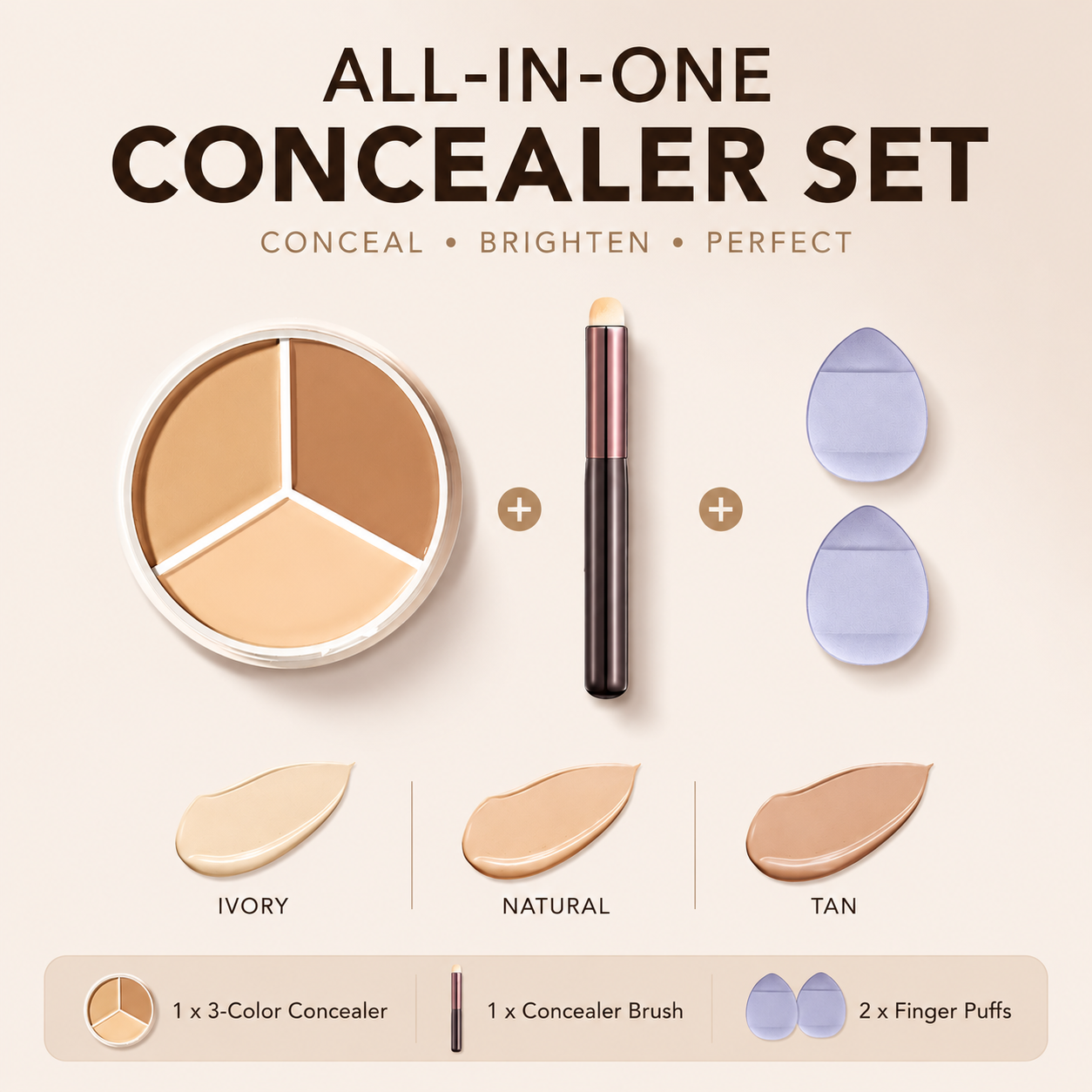 3-in-1 Tri-Color Concealer – Full Coverage, Crease-Free & Waterproof